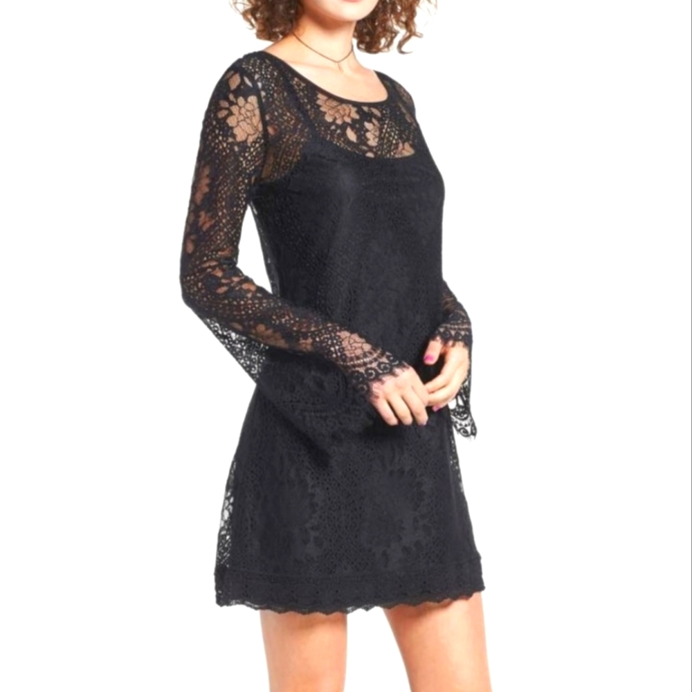 New $79 Band of Gypsies Sheer Black Lace Overlay Mini Dress Long Sleeves M NWT